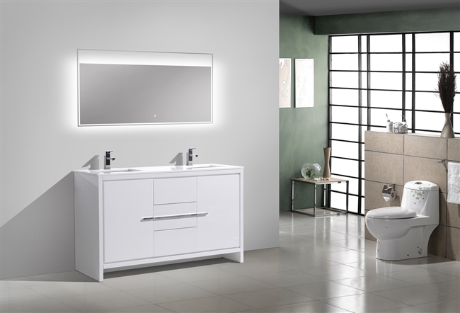 AD660D-GW 60'' KubeBath Dolce Gloss White Modern Bathroom Vanity with White Quartz Counter-Top - Double Sink