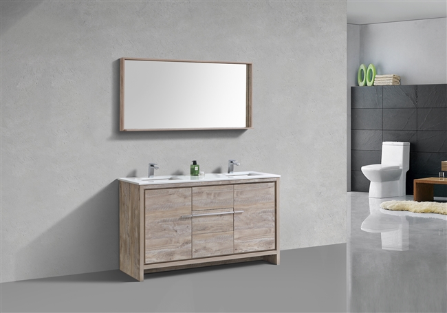 AD660D-NW 60'' KubeBath Dolce Nature Wood Modern Bathroom Vanity with White Quartz Counter-Top - Double Sink