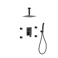 BK-CR2004JHH3V Aqua Piazza Black Shower Set w/ 8" Ceiling Mount Square Rain Shower, Handheld and 4 Body Jets -