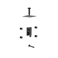 BK-CR2004JTF3V Aqua Piazza Black Shower Set w/ 8" Ceiling Mount Square Rain Shower, Tub Filler and 4 Body Jets -