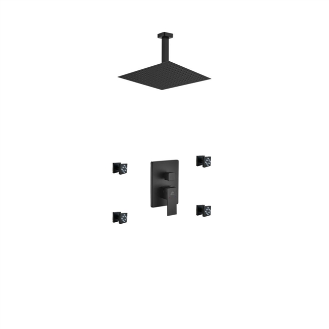 BK-CR3004J2V Aqua Piazza Black Shower Set w/ 12" Ceiling Mount Square Rain Shower and 4 Body Jets - Black