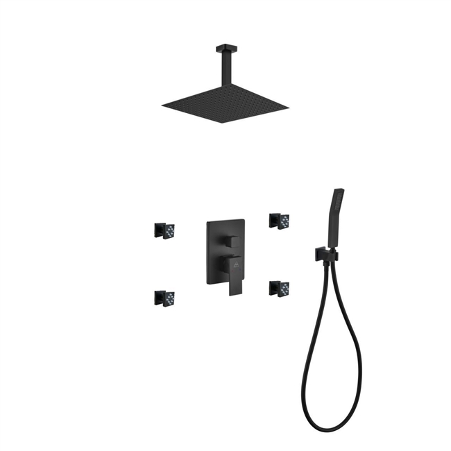 BK-CR3004JHH3V Aqua Piazza Black Shower Set w/ 12" Ceiling Mount Square Rain Shower, 4 Body Jets and Handheld - Black