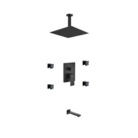 BK-CR3004JTF3V Aqua Piazza Black Shower Set w/ 12" Ceiling Mount Square Rain Shower, Tub Filler and 4 Body Jets - Black