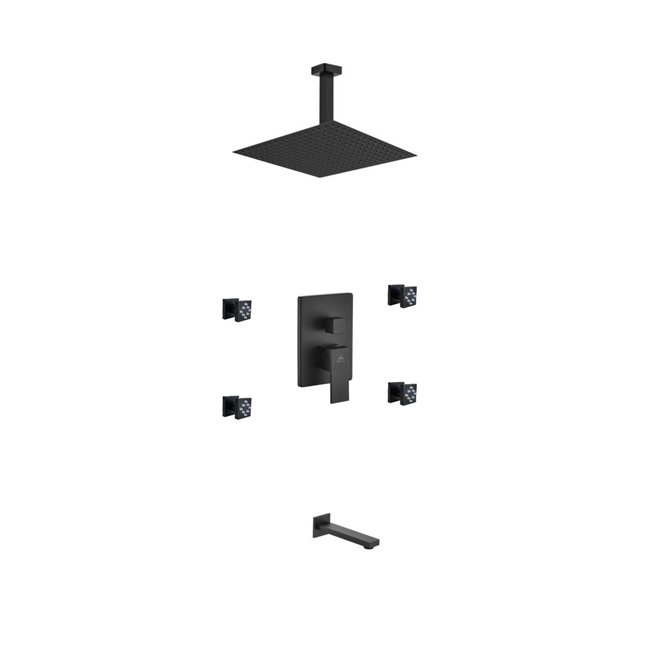 BK-CR3004JTF3V Aqua Piazza Black Shower Set w/ 12" Ceiling Mount Square Rain Shower, Tub Filler and 4 Body Jets - Black