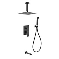 BK-CR300HHTF3V Aqua Piazza Black Shower Set w/ 12" Ceiling Mount Square Rain Shower, Handheld and Tub Filler - Black