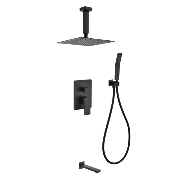 BK-CR300HHTF3V Aqua Piazza Black Shower Set w/ 12" Ceiling Mount Square Rain Shower, Handheld and Tub Filler - Black