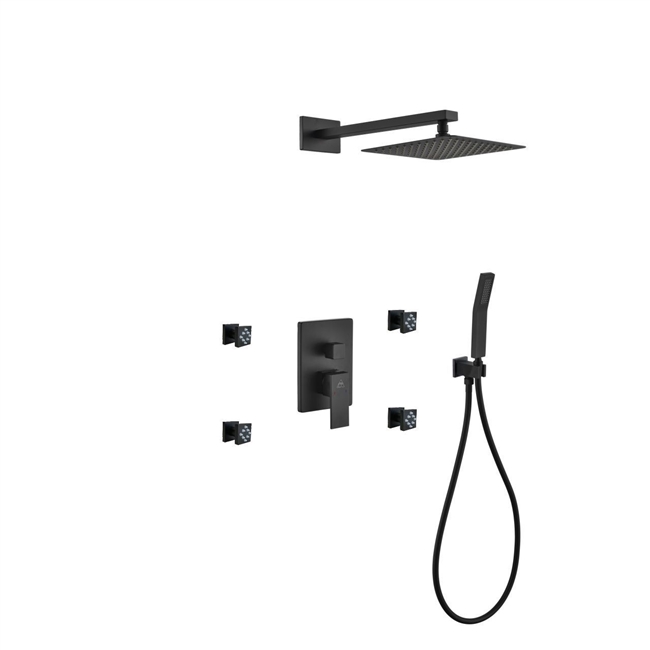 BK-WR2004JHH3V Aqua Piazza Black Brass Shower Set w/ 8" Square Rain Shower, 4 Body Jets and Handheld - Black