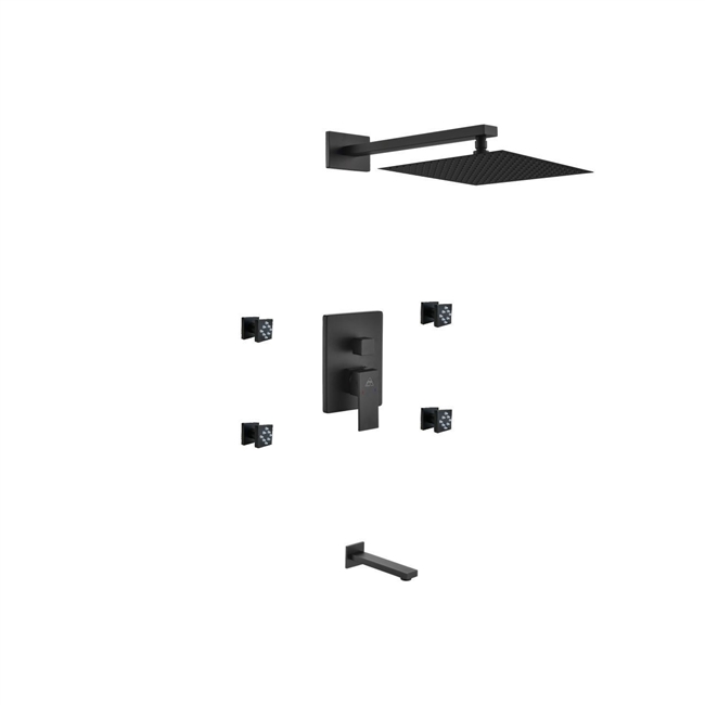 BK-WR3004JTF3V Aqua Piazza Shower Set w/ 12" Square Rain Shower, Tub Filler and 4 Body Jets - Black