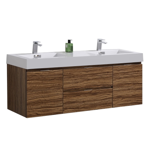 BSL60D-GCN Bliss 60" High Glossy Chestnut Wood Wall Mount Double Sink Modern Bathroom Vanity