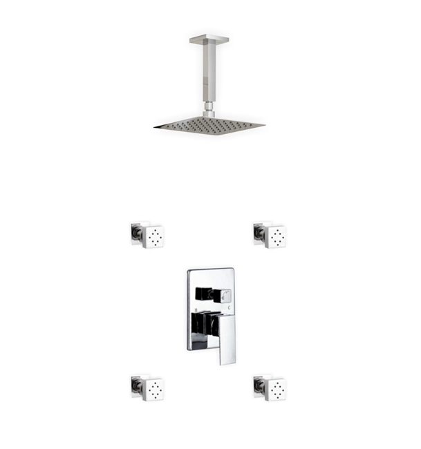 CH-CR2004J2V Aqua Piazza Shower Set w/ 8" Ceiling Mount Square Rain Shower and 4 Body Jets - Chrome