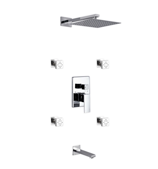 CH-WR3004JTF3V Aqua Piazza Shower Set w/ 12" Square Rain Shower, Tub Filler and 4 Body Jets - Chrome