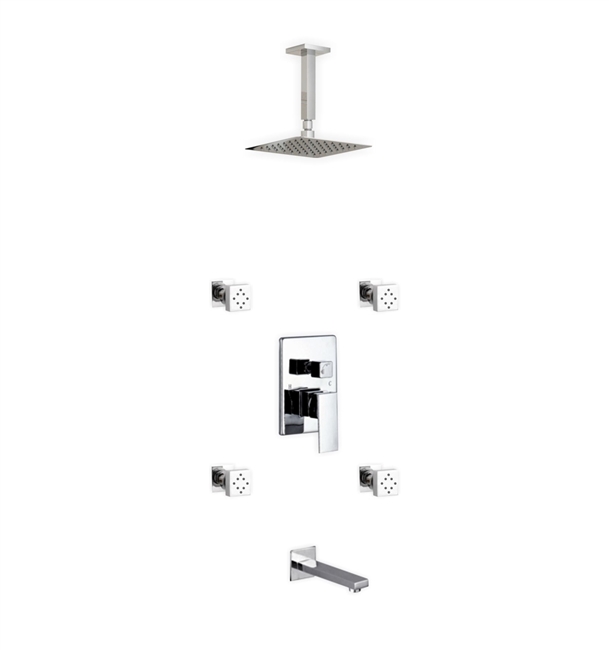 CR2004JTF3V Aqua Piazza Shower Set w/ 8" Ceiling Mount Square Rain Shower, Tub Filler and 4 Body Jets