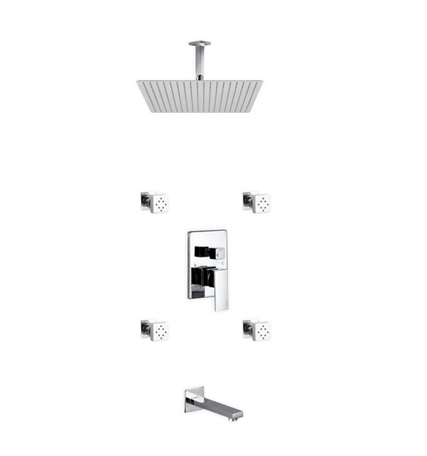 CR5004JTF3V Aqua Piazza Shower Set w/ 20" Ceiling Mount Square Rain Shower, Tub Filler and 4 Body Jets