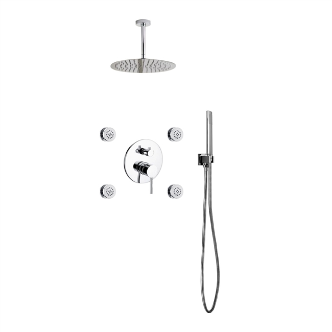 RCR124JHH3V-CH Aqua RONDO Chrome Brass Shower Set w/ 12" Round Rain Shower, 4 Body Jets and Handheld - Chrome