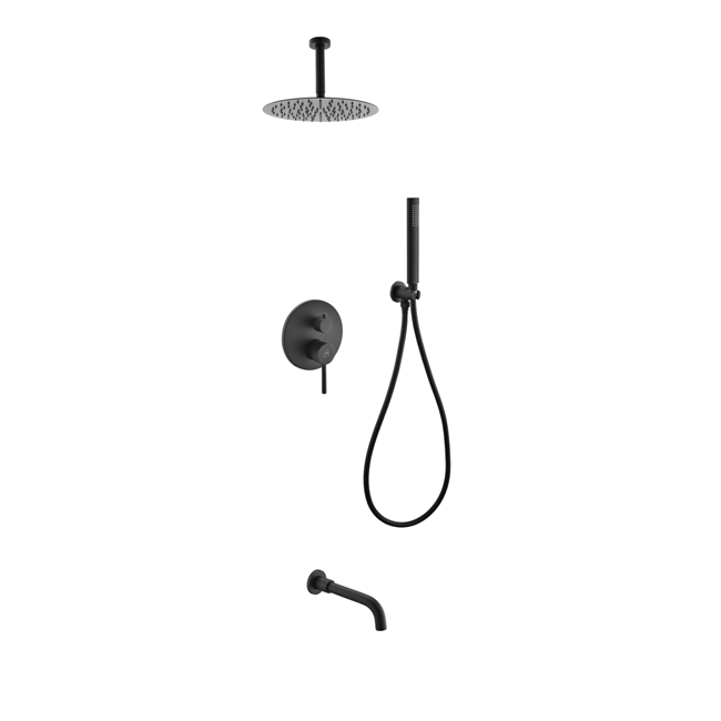 RCR12HHTF3V-BK Aqua Rondo Shower Set w/ Ceiling Mount 12" Rain Shower, Handheld and Tub Filler - Black