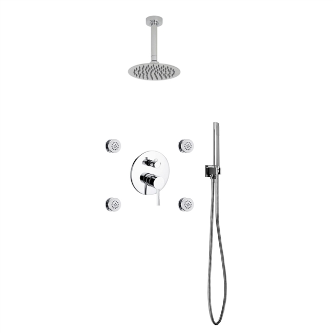 RCR84JHH3V Aqua RONDO Chrome Brass Shower Set w/ 8" Round Rain Shower, 4 Body Jets and Handheld -