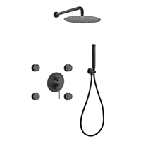 RWR124JHH3V-BK Aqua RONDO Chrome Brass Shower Set w/ 12" Round Rain Shower, 4 Body Jets and Handheld - Black