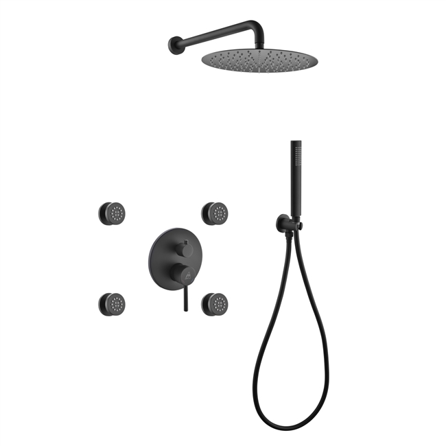 RWR124JHH3V-BK Aqua RONDO Chrome Brass Shower Set w/ 12" Round Rain Shower, 4 Body Jets and Handheld - Black