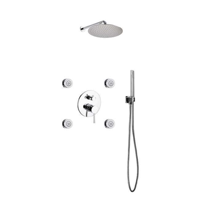 RWR124JHH3V-CH Aqua RONDO Chrome Brass Shower Set w/ 12" Round Rain Shower, 4 Body Jets and Handheld - Chrome