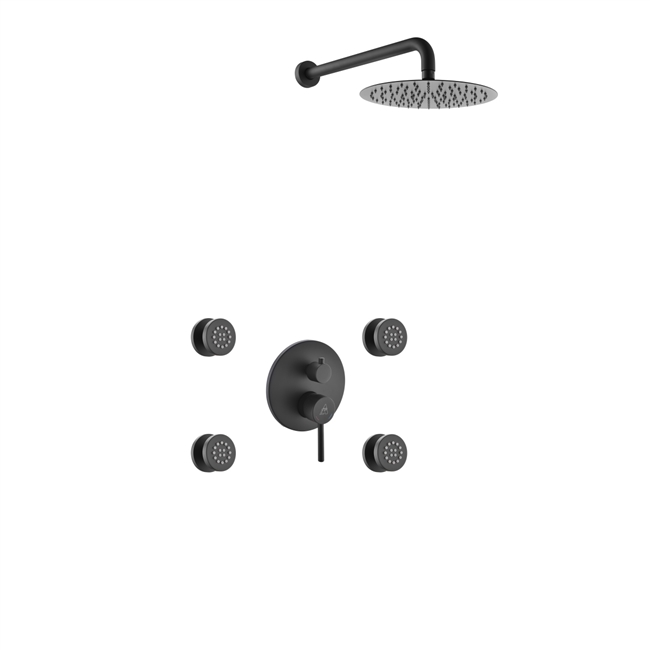 RWR84J2V-BK Aqua RONDO Black Brass Shower Set w/ 8" Round Rain Shower and 4 Body Jets - Black