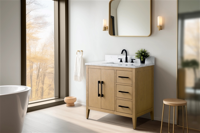 Vanity Art VA90 36" Single Sink Bathroom Vanity Cabinet with Ceramic Top -Natural Oak